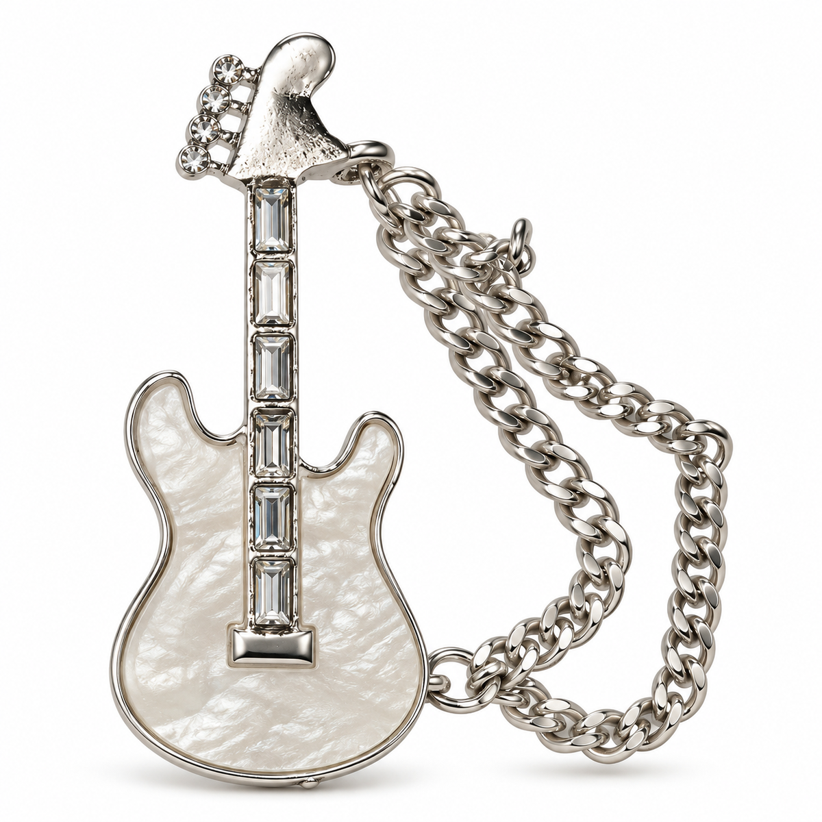 Albetro The Rockstar Blanc silver guitar chain brooch detailed view