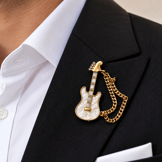 Albetro The Rockstar d'Or gold pearl guitar chain brooch on black suit lapel