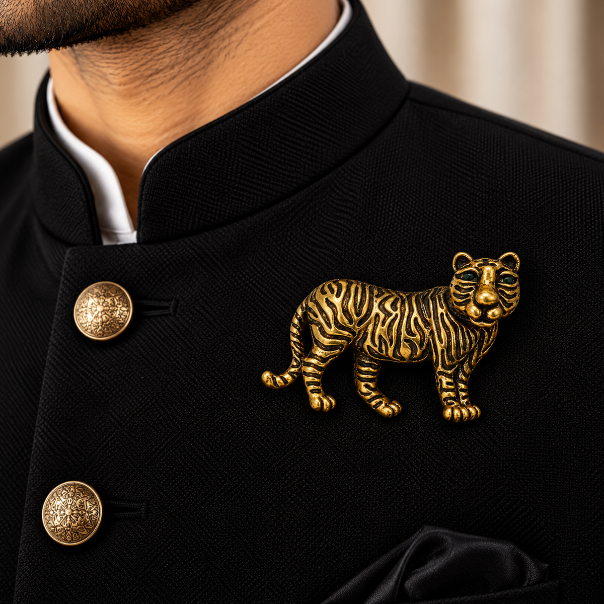 Albetro The Golden Baagh antique gold tiger brooch on black bandhgala