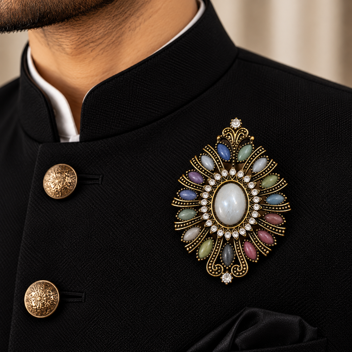 Albetro The Navaratna Mandala multi-stone medallion brooch on black bandhgala