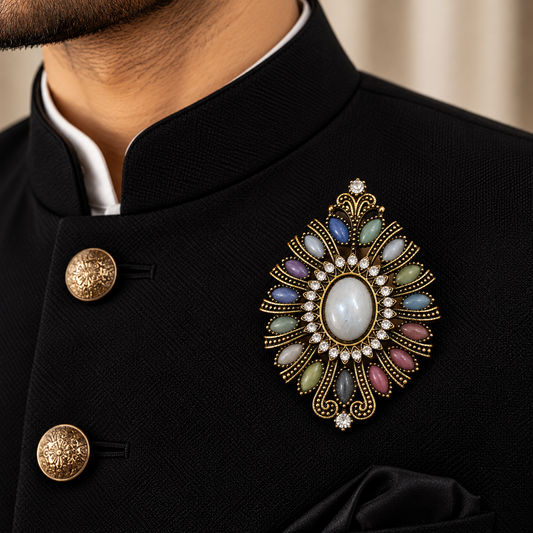 Albetro The Navaratna Mandala multi-stone medallion brooch on black bandhgala