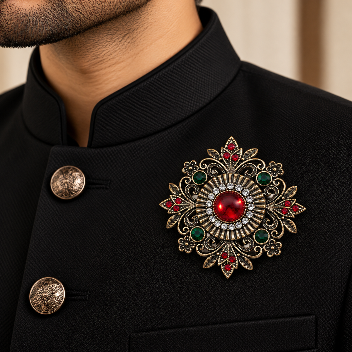 Albetro The Scarlet Mandala red cabochon medallion brooch on black bandhgala