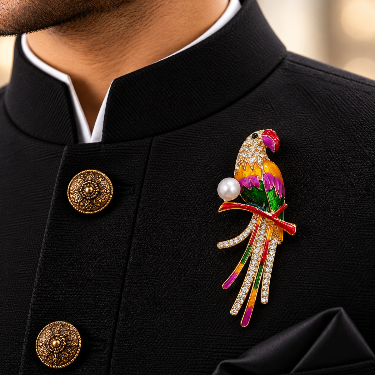 Albetro The Pearl Macaw multicolour crystal parrot brooch on black bandhgala