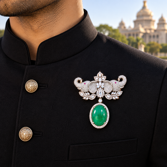 Albetro The Emerald Gajraj AD stone twin elephant brooch with emerald drop on black bandhgala