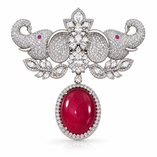 Albetro The Ruby Gajraj elephant drop brooch detailed view