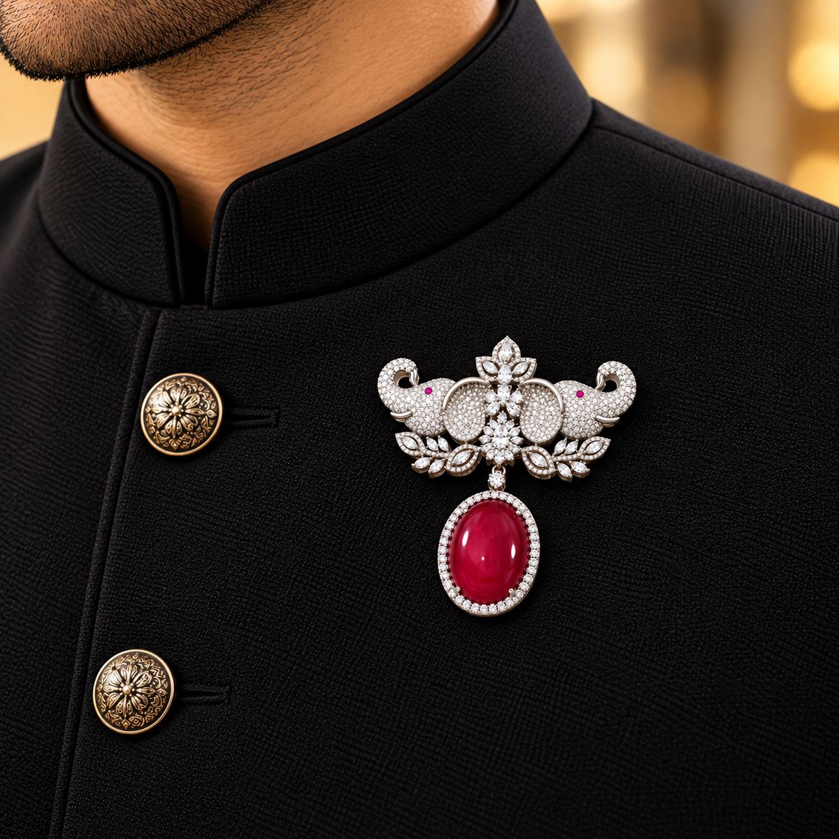 Albetro The Ruby Gajraj AD stone twin elephant brooch with ruby drop on black bandhgala