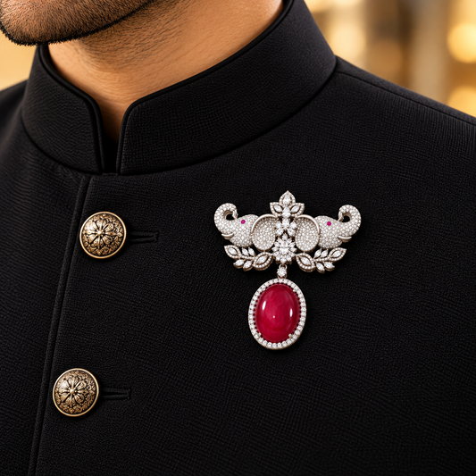 Albetro The Ruby Gajraj AD stone twin elephant brooch with ruby drop on black bandhgala