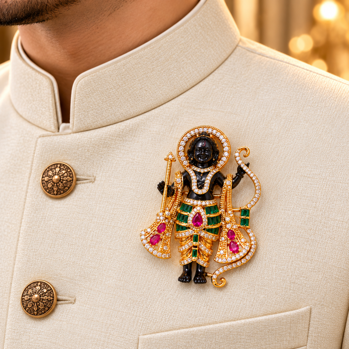 Albetro The Ram Lalla Panna AD stone divine brooch on cream sherwani