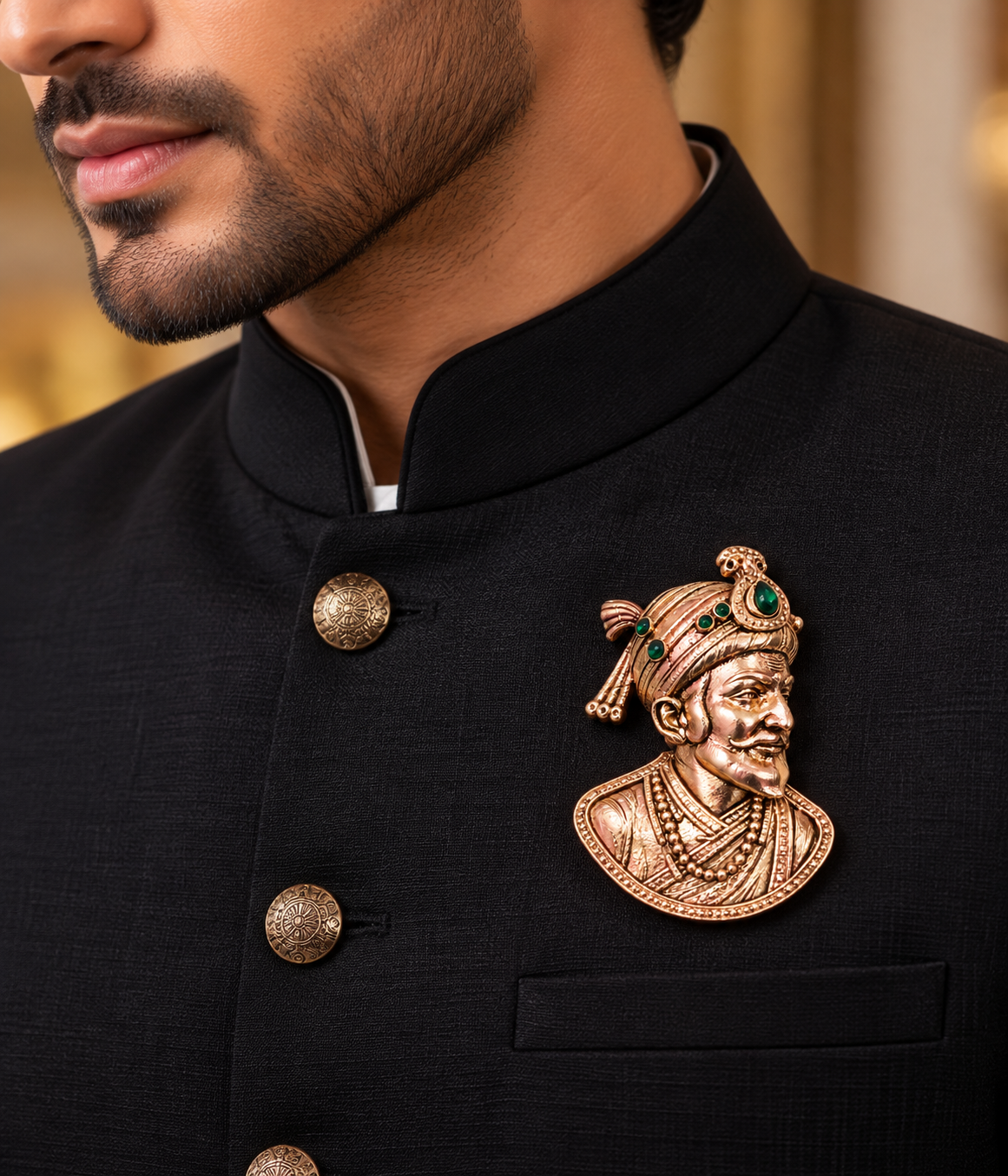 Albetro The Chhatrapati antique gold Shivaji Maharaj brooch on black bandhgala