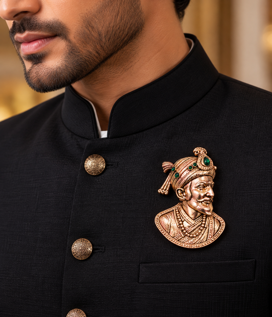 Albetro The Chhatrapati antique gold Shivaji Maharaj brooch on black bandhgala