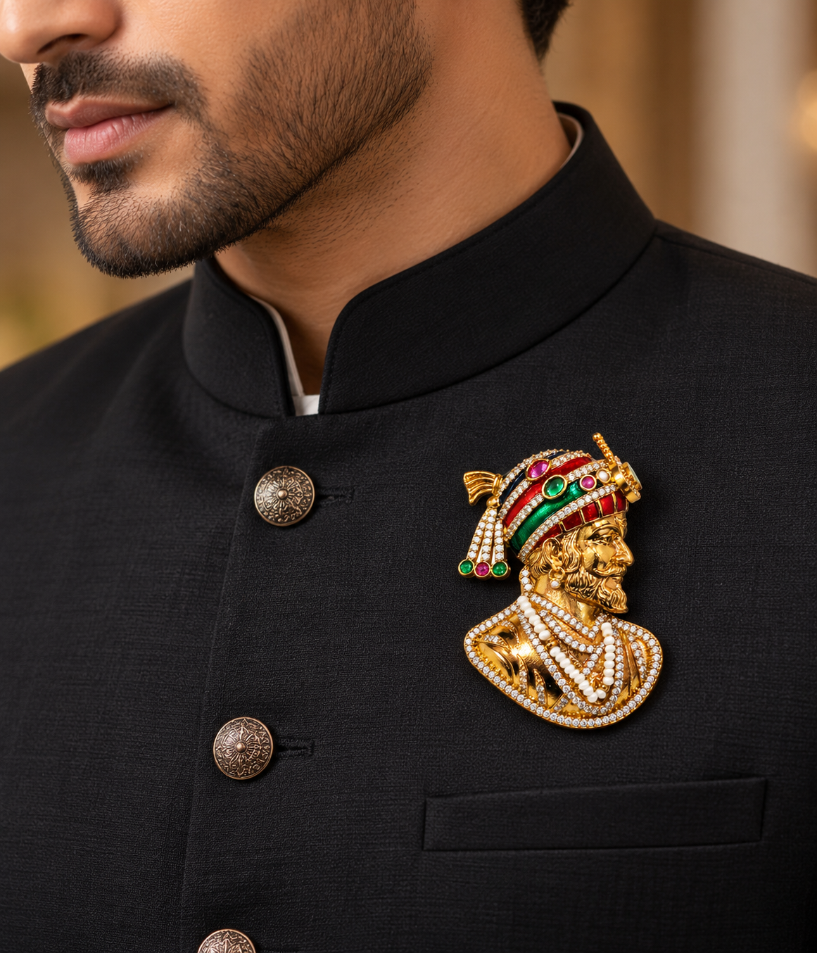 Albetro The Chhatrapati Ratna jewelled Shivaji Maharaj brooch on black bandhgala