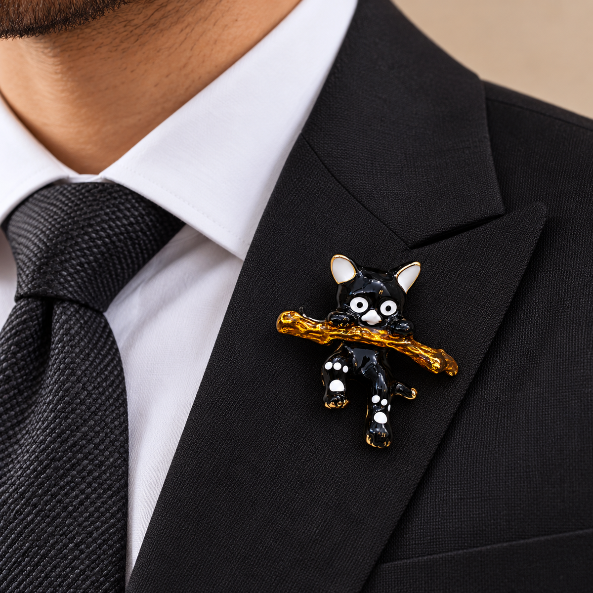 Albetro The Midnight Kitten black enamel cat brooch on black suit lapel
