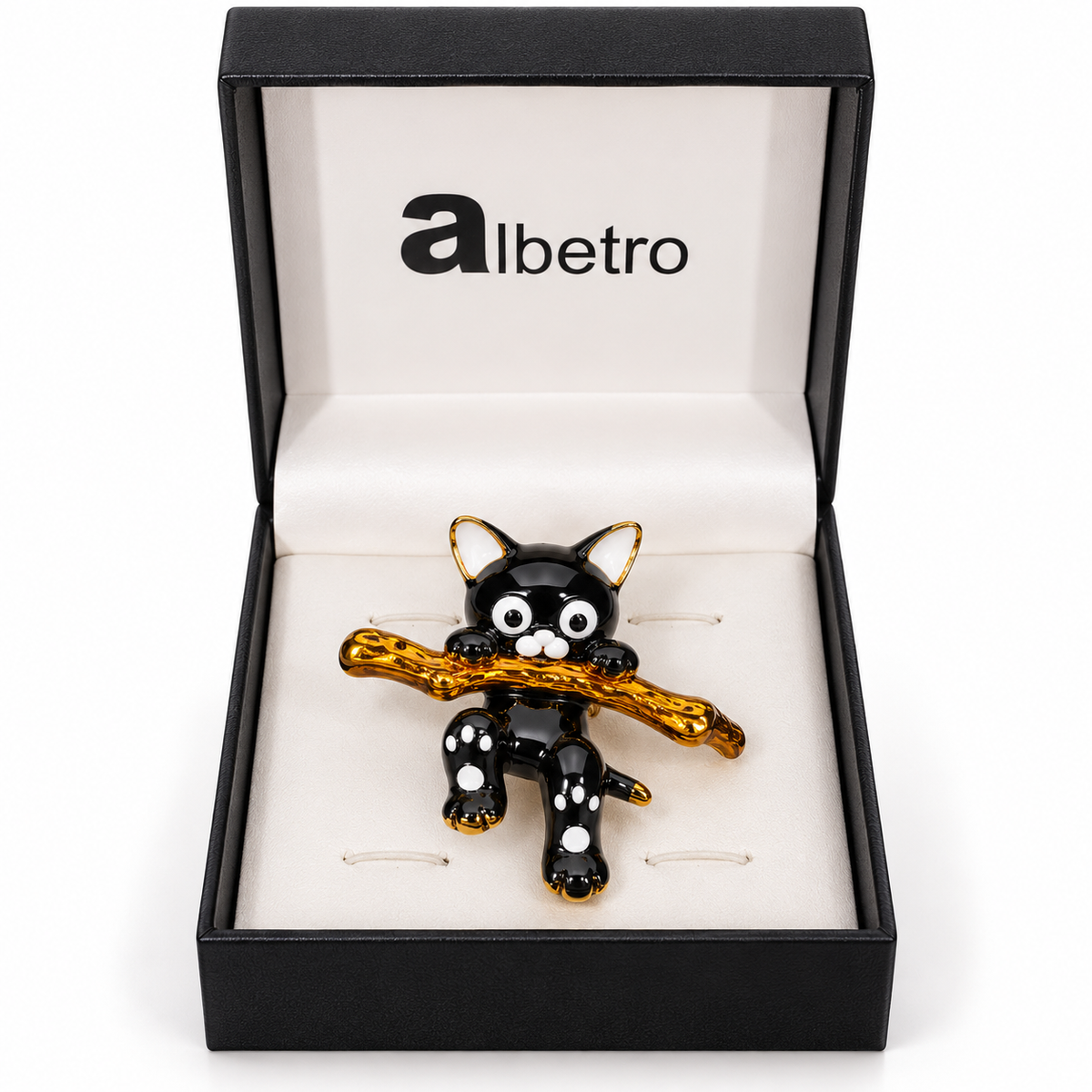 Albetro The Midnight Kitten enamel cat on branch brooch detailed view