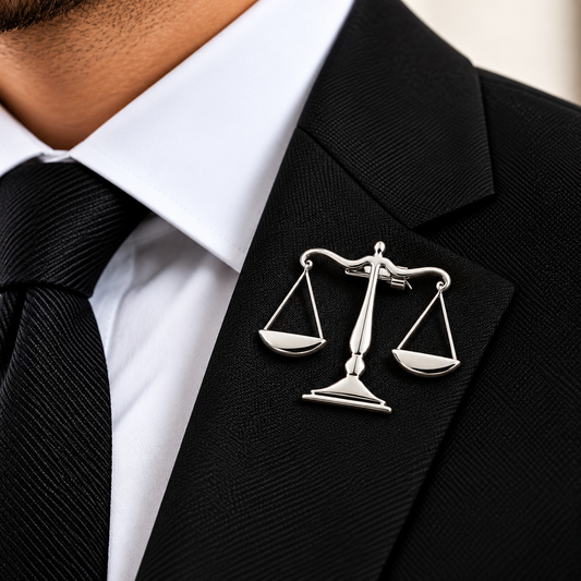 Albetro The Advocate Argent silver scales of justice brooch on black suit