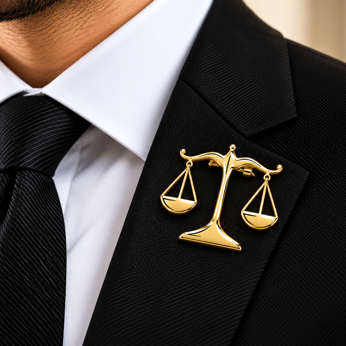 Albetro The Advocate d'Or gold scales of justice brooch on black suit