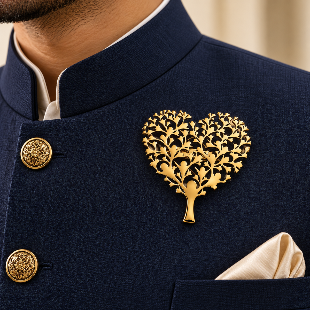 Albetro The Heartwood gold tree of life heart brooch on navy bandhgala