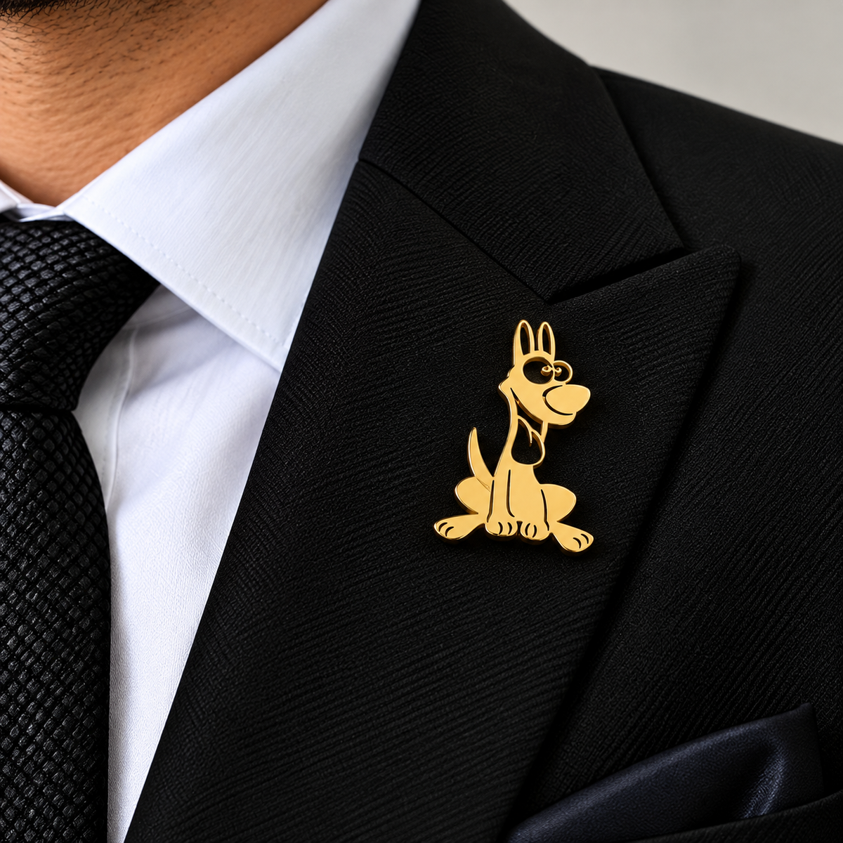 Albetro The Happy Hound gold dog brooch on black suit lapel