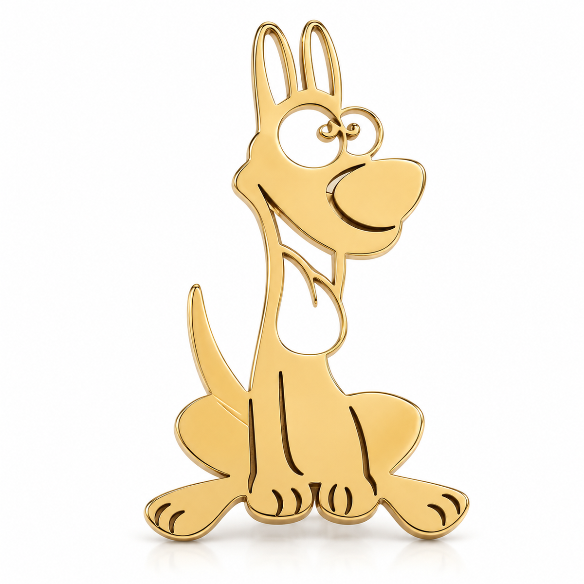 Albetro The Happy Hound gold cartoon dog brooch detailed view