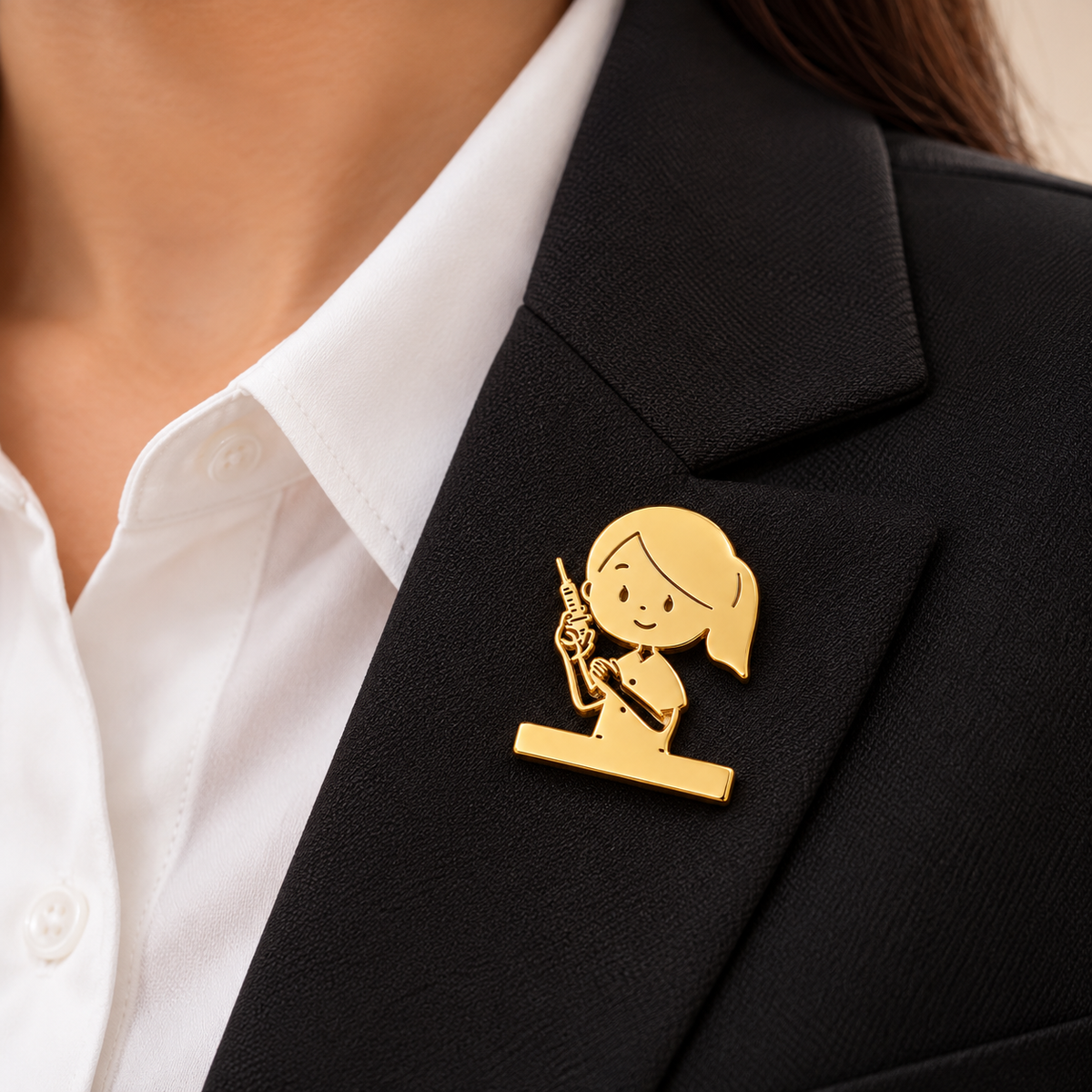 Albetro The Florence gold nurse brooch on black blazer lapel