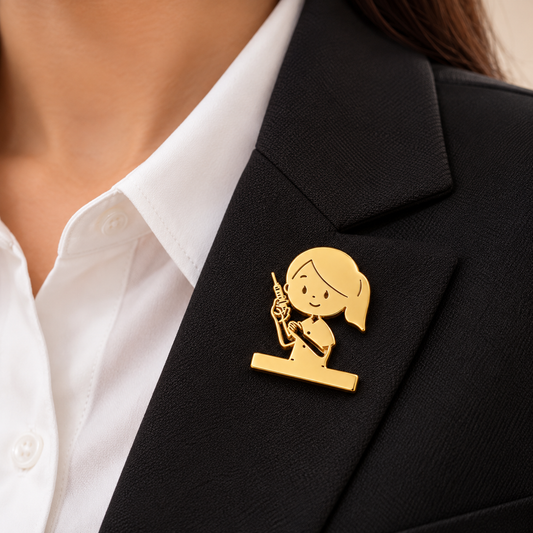 Albetro The Florence gold nurse brooch on black blazer lapel