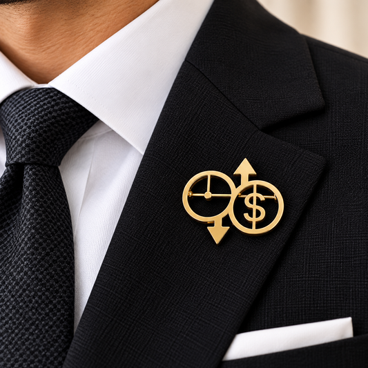 Albetro The Dealmaker gold finance brooch on black suit lapel