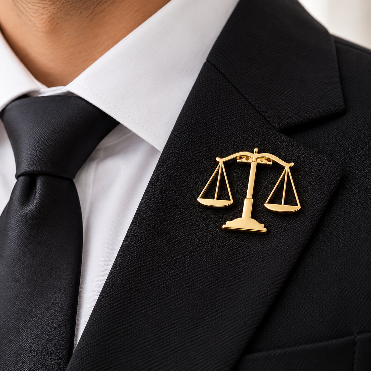 Albetro The Barrister gold scales outline brooch on black suit lapel