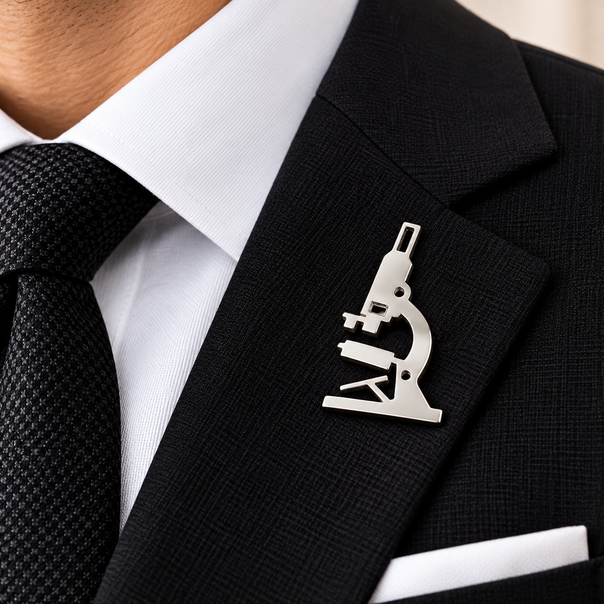 Albetro The Scientist silver microscope brooch on black suit lapel