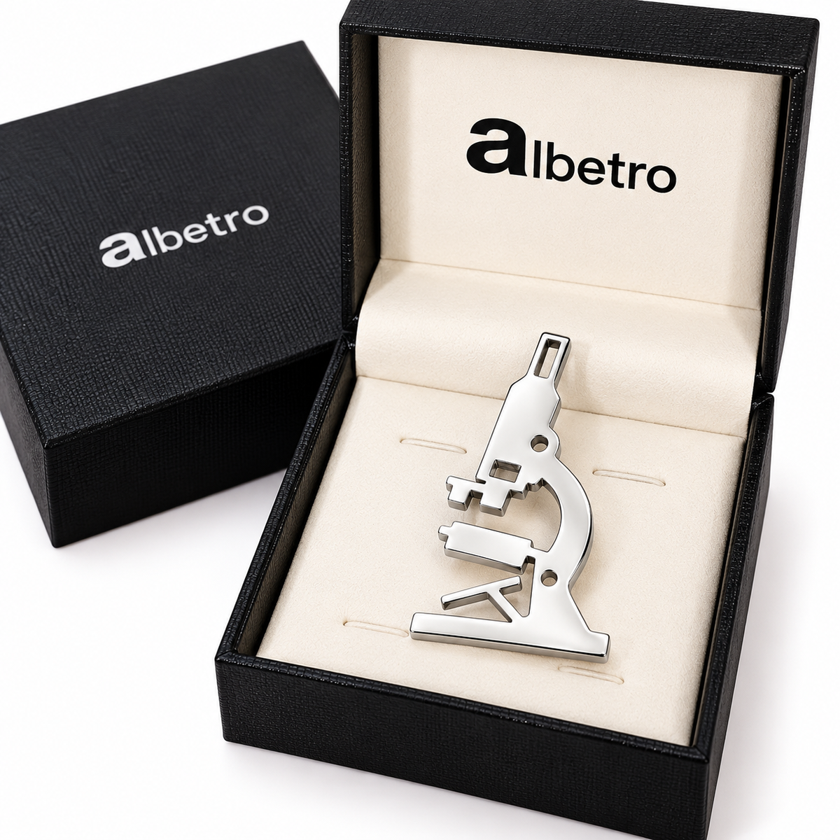 Albetro The Scientist microscope brooch close-up view