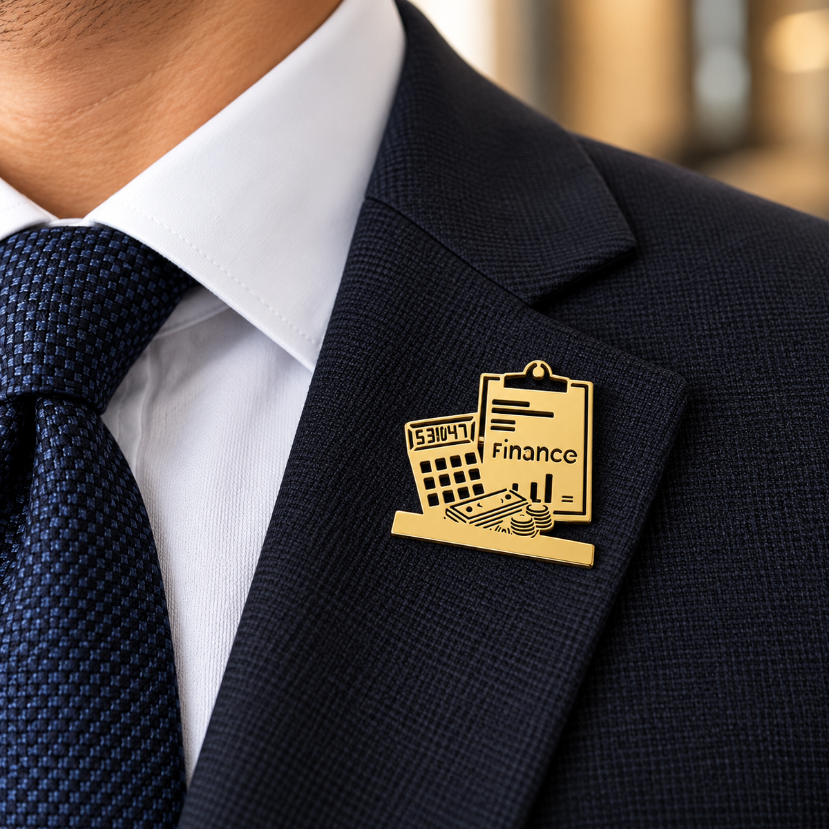 Albetro The Chartered gold accountant finance brooch on navy suit lapel