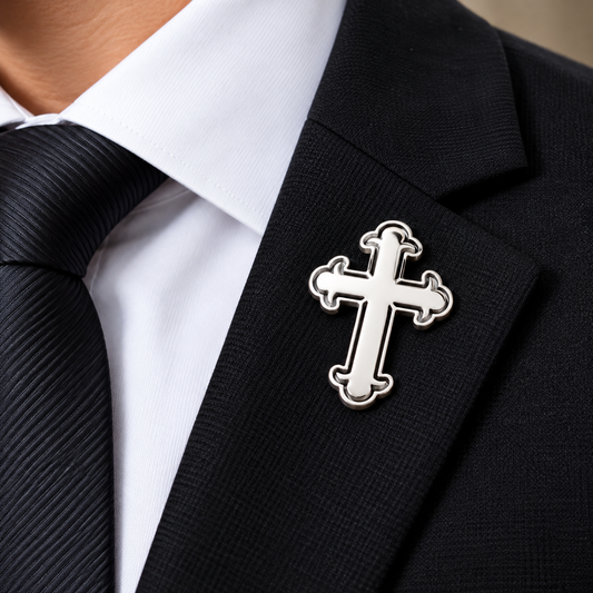 Albetro The Sacred Cross silver budded cross brooch on black suit lapel
