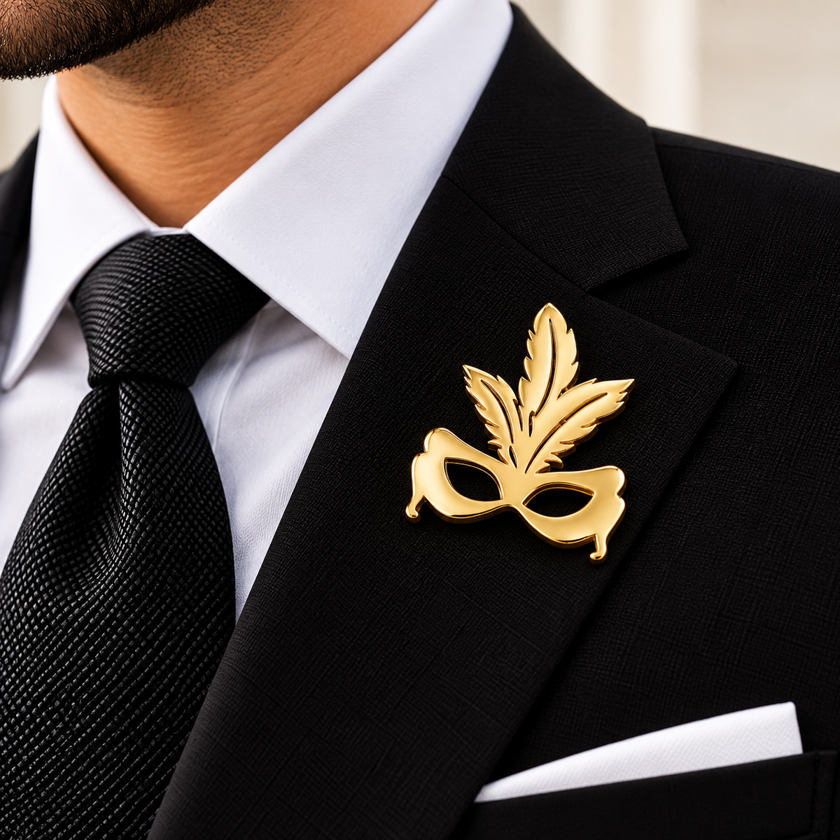 Albetro The Masquerade gold carnival mask brooch on black suit lapel