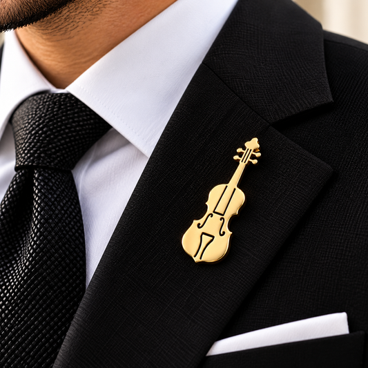 Albetro The Virtuoso gold violin brooch on black suit lapel
