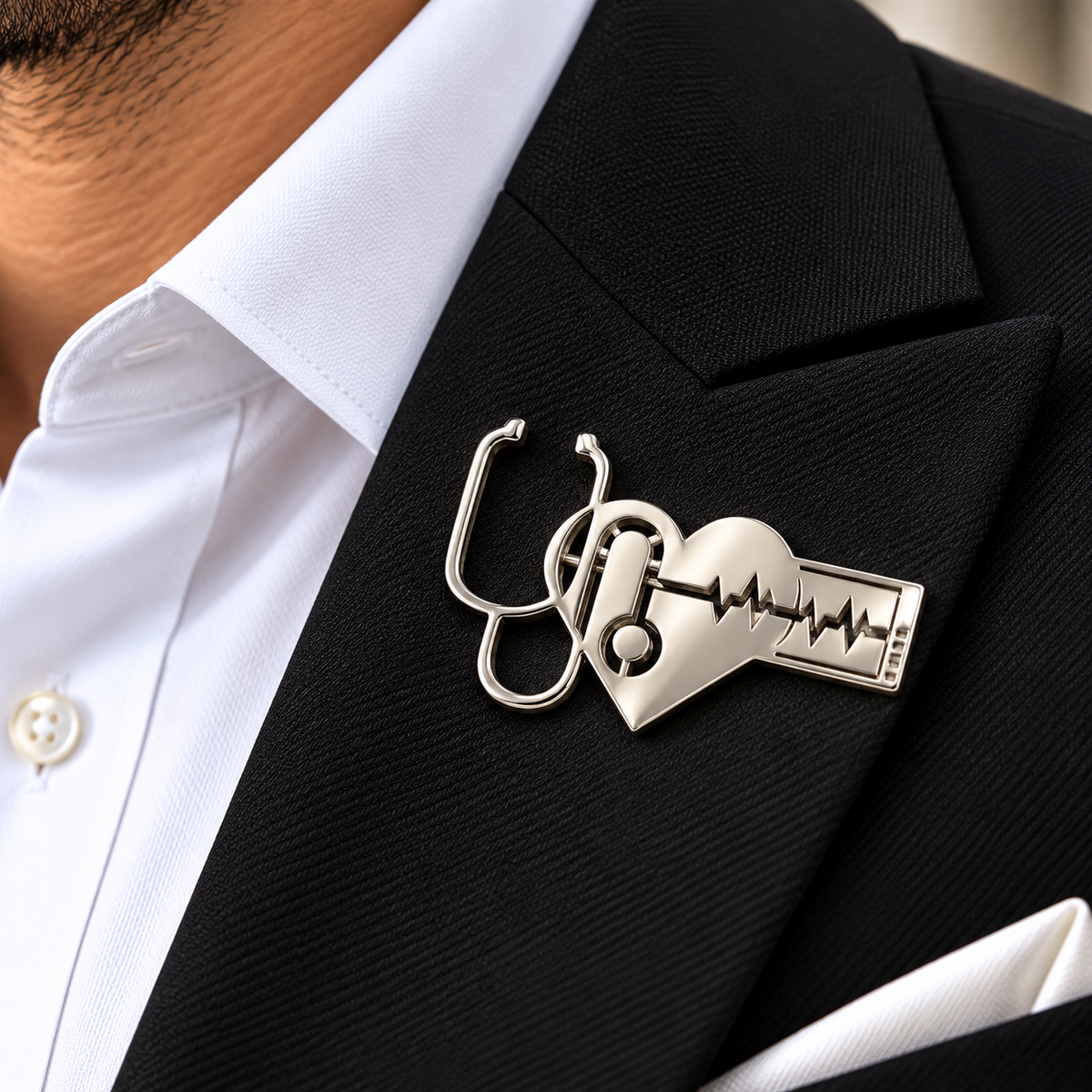 Albetro The Healer silver stethoscope heart doctor brooch on black suit