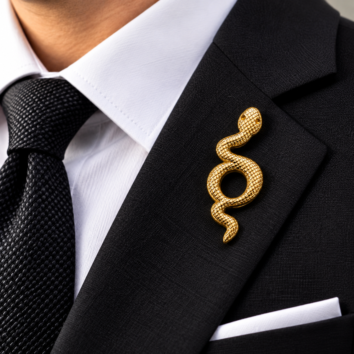 Albetro The Golden Serpent textured gold snake brooch on black suit lapel