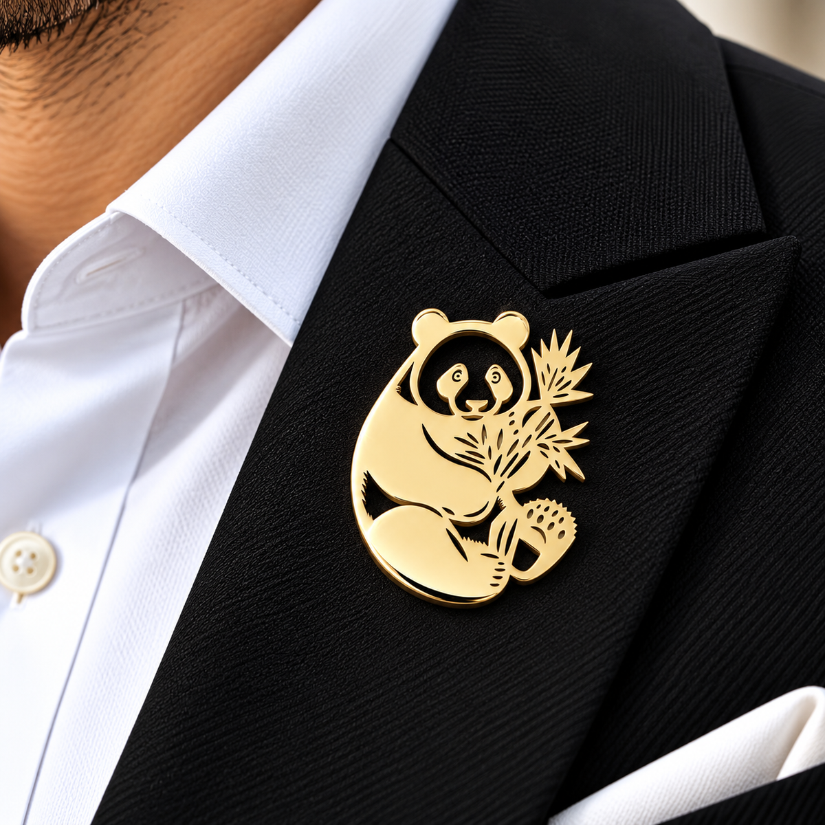 Albetro The Bamboo Panda gold brooch on black suit lapel