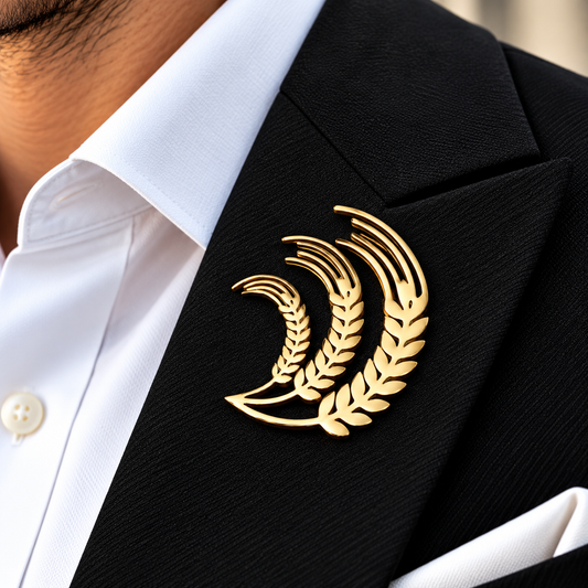 Albetro The Harvest d'Or gold wheat brooch on black suit lapel
