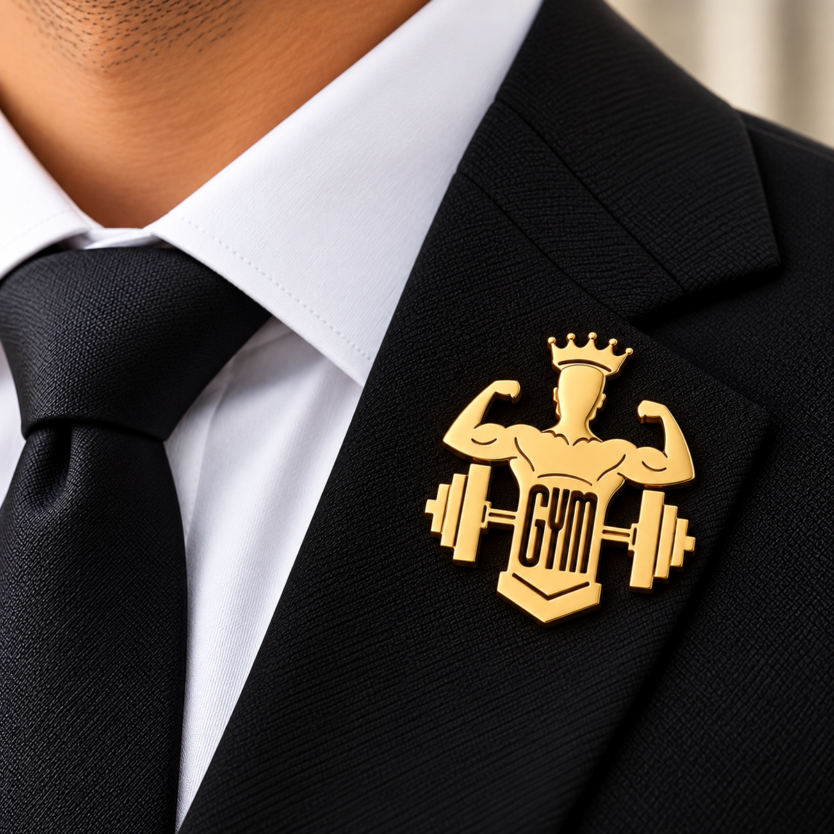 Albetro The Gym King gold fitness bodybuilder brooch on black suit lapel