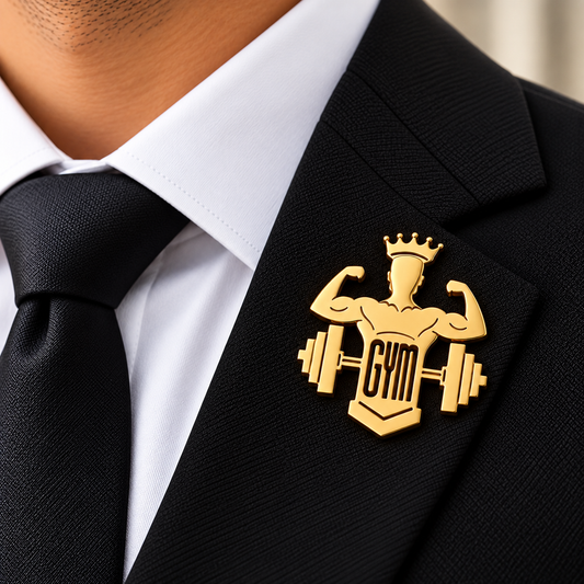 Albetro The Gym King gold fitness bodybuilder brooch on black suit lapel
