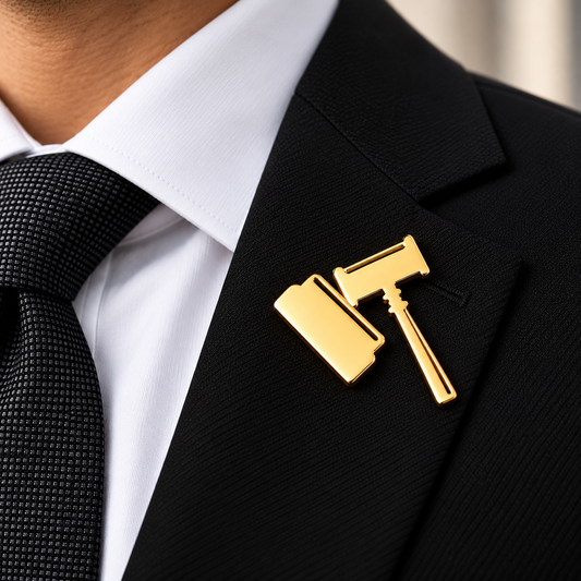 Albetro The Judgement gold gavel brooch on black suit lapel