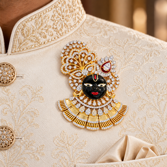 Shrinathji Manik AD stone divine brooch in gold with ruby crown accent