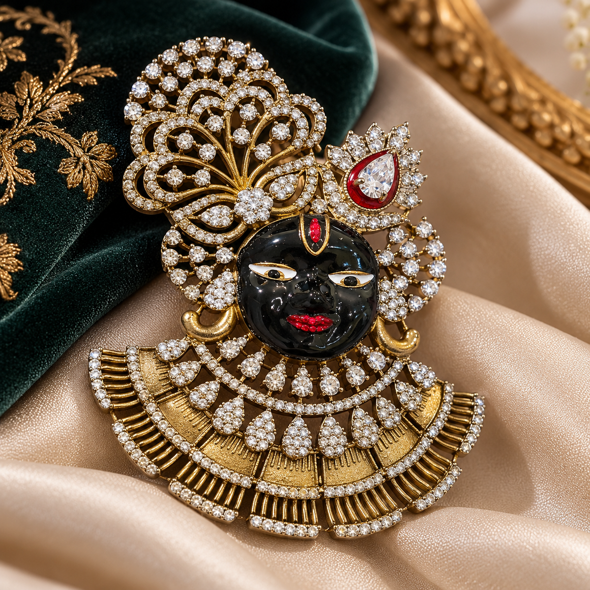 Shrinathji Manik antique gold AD stone divine brooch with ruby crown accent