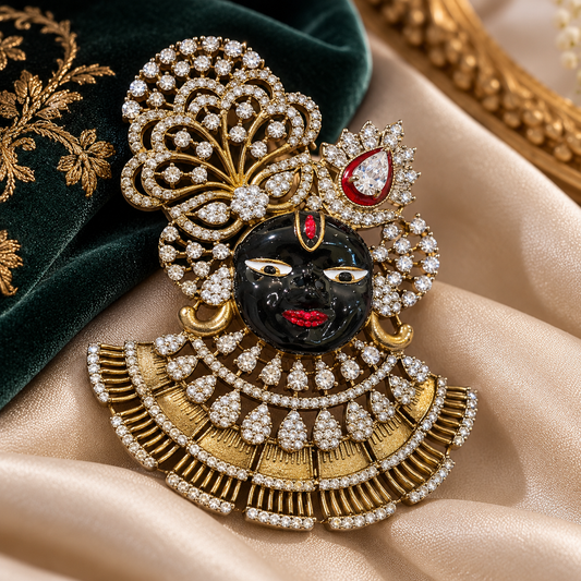 Shrinathji Manik antique gold AD stone divine brooch with ruby crown accent