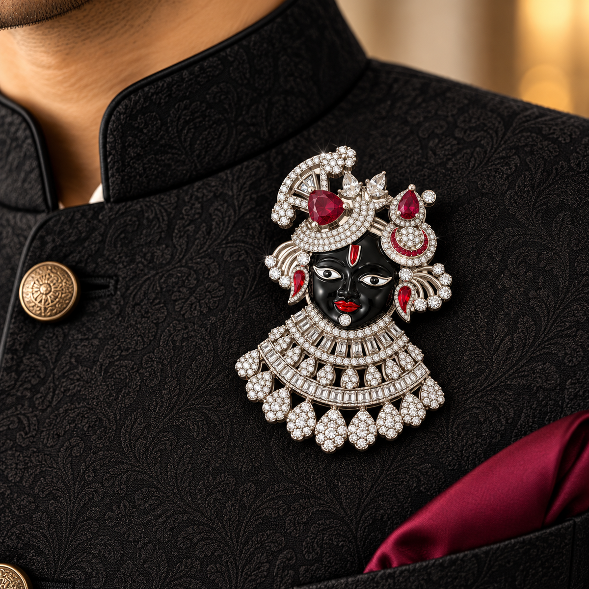 Albetro The Shrinathji Manik AD stone divine brooch with ruby on black sherwani