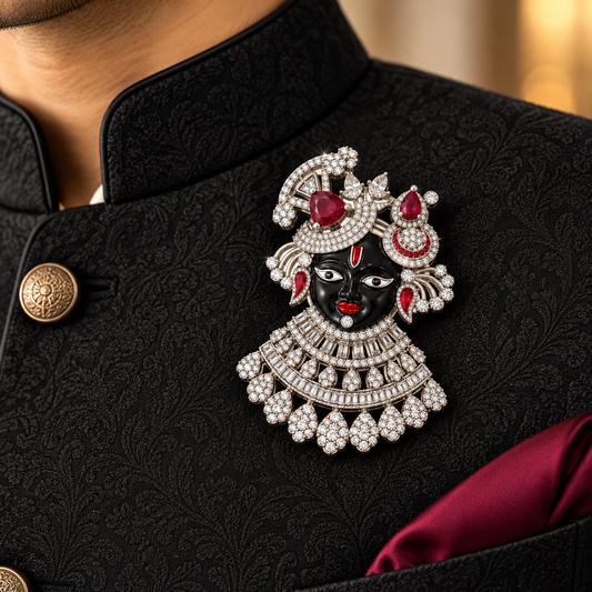 Albetro The Shrinathji Manik AD stone divine brooch with ruby on black sherwani