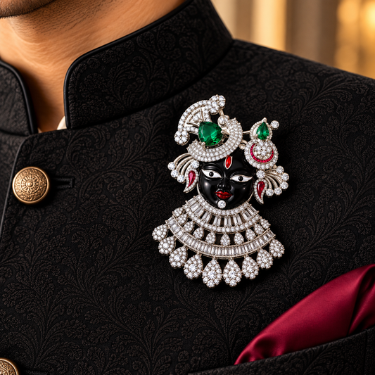 Albetro The Shrinathji Panna AD stone divine brooch with emerald on black sherwani