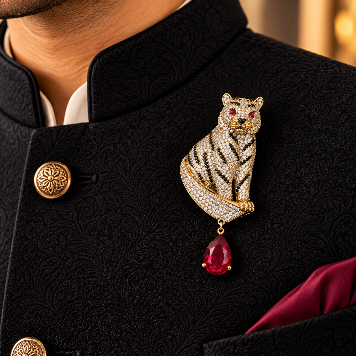 Albetro The Baagh Manik AD tiger brooch with ruby drop on black sherwani