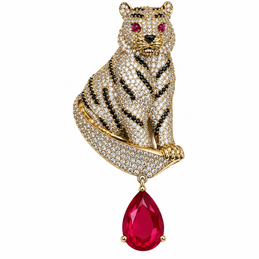 Albetro The Baagh Manik AD stone tiger brooch detailed view