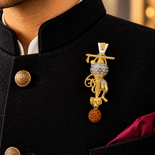 Albetro The Panch Mangal AD stone divine column brooch on black sherwani
