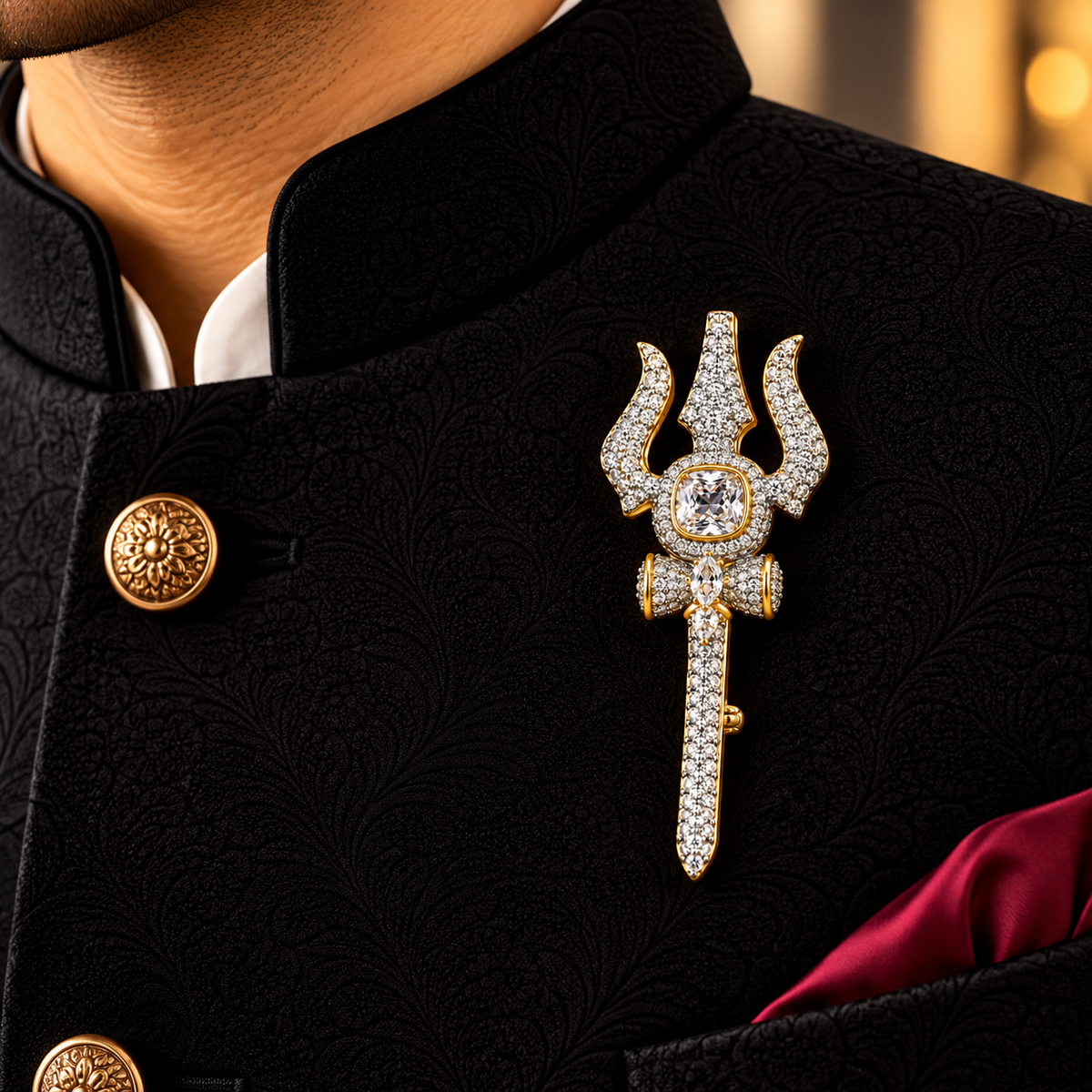 Albetro The Trishul Damru AD stone Shiv brooch on black sherwani