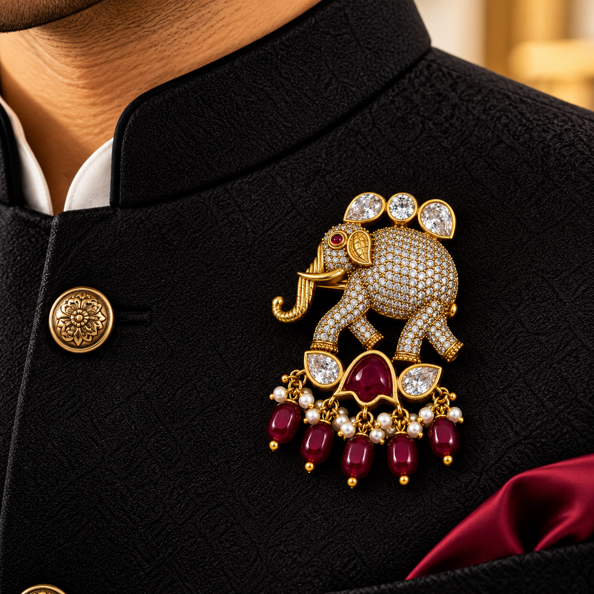 Albetro The Gaja Manik AD elephant brooch with ruby beads on black sherwani